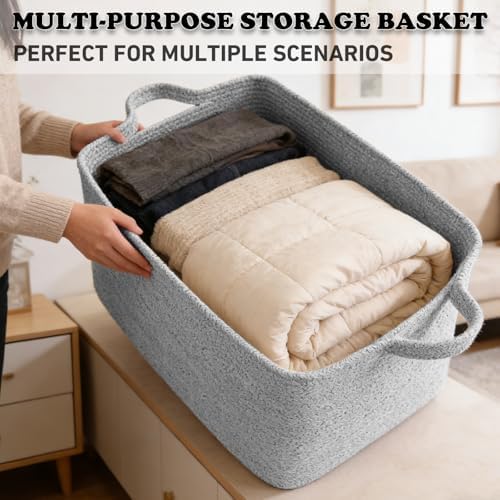 65L Large Laundry Basket with Handles, Woven Blanket Basket, Grey - Image 5