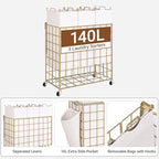 Laundry Basket with Wheels, Heavy Duty Laundry Sorter 3 Sections, 140L (37Gal.) Large Capacity Hamper with Wood Lid, 360 Rolling Wheels, Extra Side Pocket, Leather Pull Handle,Golden+Beige - Image 2