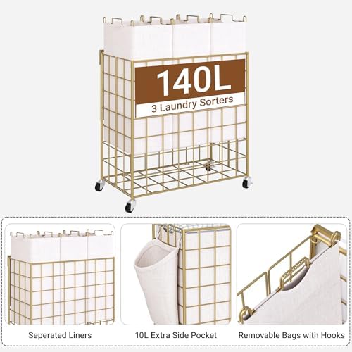 Laundry Basket with Wheels, Heavy Duty Laundry Sorter 3 Sections, 140L (37Gal.) Large Capacity Hamper with Wood Lid, 360 Rolling Wheels, Extra Side Pocket, Leather Pull Handle,Golden+Beige - Image 2