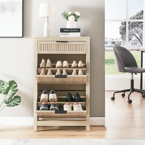 2-Flip Drawer Shoe Cabinet Narrow Entryway Rack, Oak - Image 6
