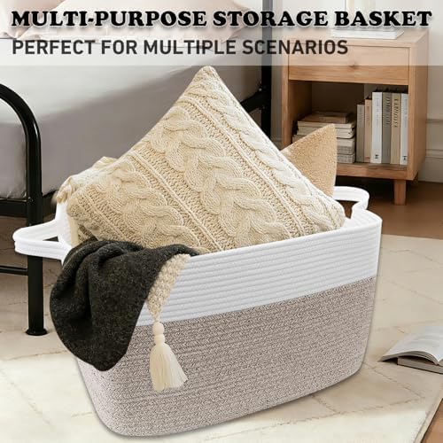 65L Laundry Basket with Handles, Woven Blanket Basket, White/Brown - Image 6