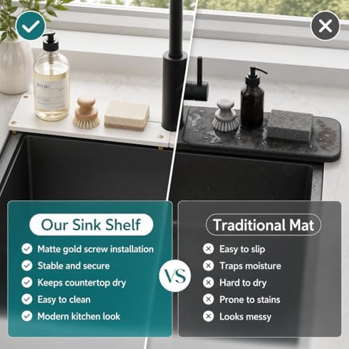 2PCS Stone Faucet Mat for Kitchen Sink, Water Absorbing Sink Tray Organizer for Bathroom Counter, Diatomite Soap Dish Coaster Caddy Riser, Sponge Holder Dispenser Mat, Gold White 23.6" x 4", 1 Set - Image 7