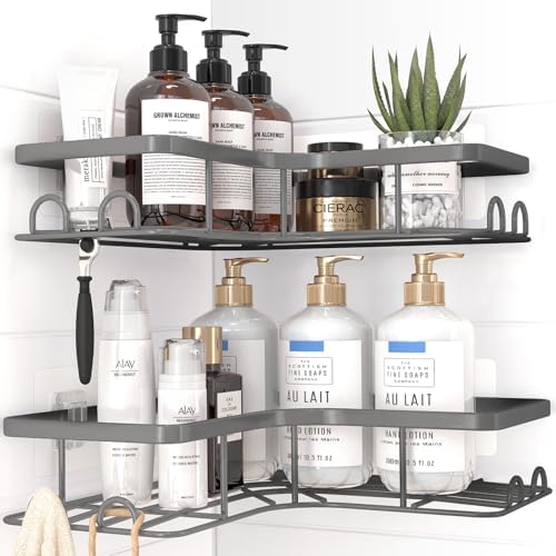 Sakugi Corner Shower Caddy - 2 Pack, Adhesive Shower Organizers, Rustproof Stainless Steel Shower Shelves with 8 Hooks, No Drilling Bathroom Organizers and Storage Racks, Space-Saving, Grey, Large by Sakugi