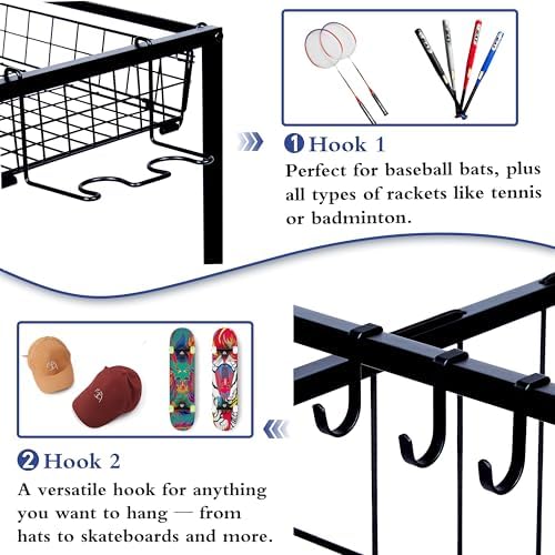 Sports Equipment Organizer, Ball Storage Rack with Elastic Straps and Removable Basket for Garage Organization, Garage Organizer with Hooks for Toy Sports Gear Storage, Sports Ball Storage Cart, Black - Image 2