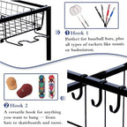 Sports Equipment Organizer, Ball Storage Rack with Elastic Straps and Removable Basket for Garage Organization, Garage Organizer with Hooks for Toy Sports Gear Storage, Sports Ball Storage Cart, Black - Image 2