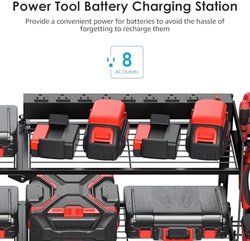 CCCEI Large Garage Tools Storage with Charging Station. Power Tool Battery Organizer Utility Shelf with Power Strip. 4 Drills Holder Wall Mount Rack. - Image 2