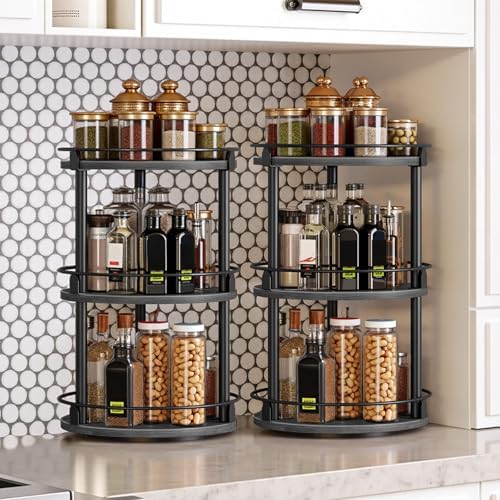 YATINEY Spice Rack, Set of 2 Lazy Susan Organizer, 3 Tier Turntable Organizer For Cabinet, Compact and Versatile, for Kitchen Countertop, Black SR23L2BB - Image 2