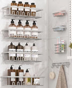 8 Pack Adhesive Rustproof Shower Caddy with Soap Dishes, Toothbrush Holder & Hooks, Large Capacity No-Drilling Shower Shelves Rack for Bathroom Organizers and Storage Accessories, Light Gray by Unknown