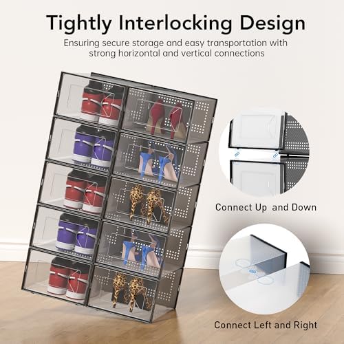 Foluck X-Large 15 Pack Shoe Storage Organizer Box Clear Plastic Stackable | Interlocking Design, Sturdy Dustproof Breathable, Fits Men's Size 10 Women's Size 11, for Closet Entryway Under Bed - Image 4