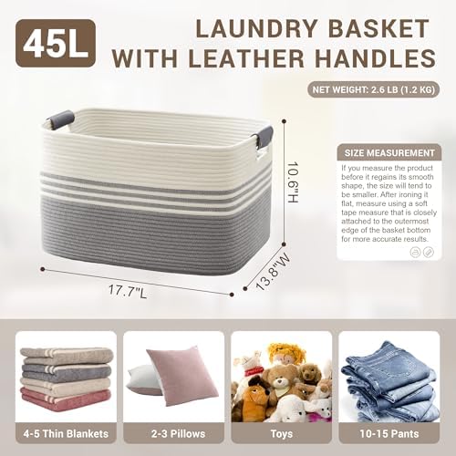 45L Small Woven Laundry Basket Hamper with Leather Handles,Grey - Image 2