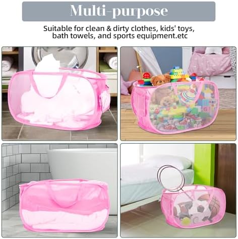 4 Pcs Durable Collapsible Laundry Baskets, Foldable Large Opening Pop Up Laundry Hamper with Pocket, Clothes Hamper with Handles for Laundry, Bathroom, Kids Room, Dorm or Travel Pink - Image 7