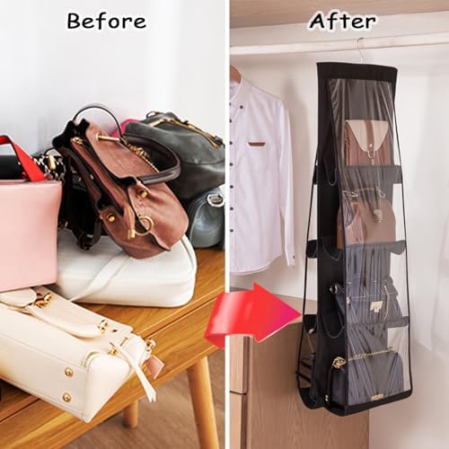 AARAINBOW 1 Pack Hanging Handbag Purse Organizer for Closet, Womens Purse Storage Organizers, Hand bag Organizer Holder, Wardrobe Purse Organizer 8 Pockets Space Saving 41 L x 13.5W (B-Black) - Image 6