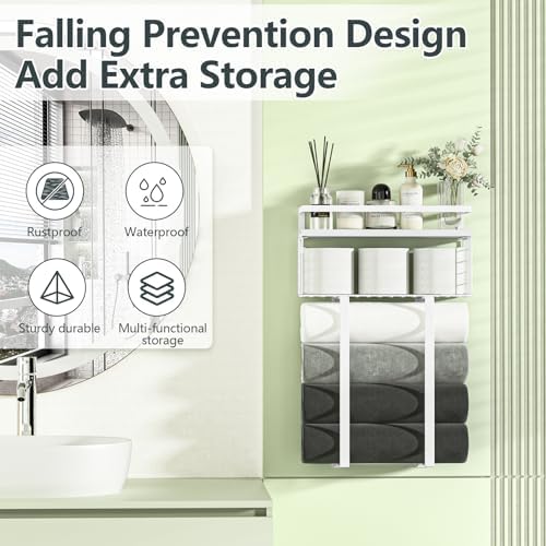 Towel Racks for Bathroom, Bathroom Shelf Over Toilet,Floating Shelves with Towel Rack Paper Holder Storage Basket,Floating Shelves for Wall Decor,White - Image 4