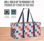 Extra Large Utility Tote Bag - Oversized Collapsible Reusable Wire Frame Rectangular Canvas Basket With Two Exterior Pockets For Beach, Pool, Laundry, Car Trunk, Storage - Patriotic Americana - Image 5
