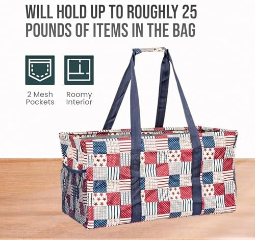 Extra Large Utility Tote Bag - Oversized Collapsible Reusable Wire Frame Rectangular Canvas Basket With Two Exterior Pockets For Beach, Pool, Laundry, Car Trunk, Storage - Patriotic Americana - Image 5