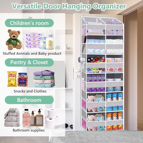 UVIAHOMI Heavy Duty Over The Door Organizer 6 Tiers, Extra Large Behind Door Storage of 12 Front & 12 Mesh Pockets, 80lb Weight Capacity, Hanging Doors Storage for Closet Bedroom Nursery, Light Gray - Image 5