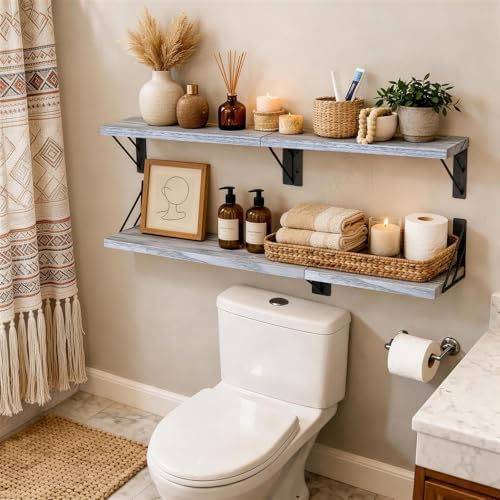 BAYKA Wall Shelves for Bedroom Decor, Wood, Gray White, Set of 4, 16in - Image 2
