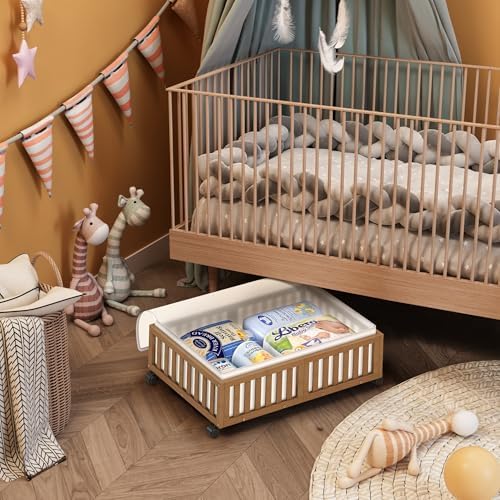 MHXW SXPN 2 Pack Bamboo Under Bed Storage Containers with Wheels, Brown | Underbed Drawer Storage with Bag, Wood Rolling Underbed Organizer for Shoes, Sheets Clothes Blanket Comforter, Under Crib Toy - Image 4
