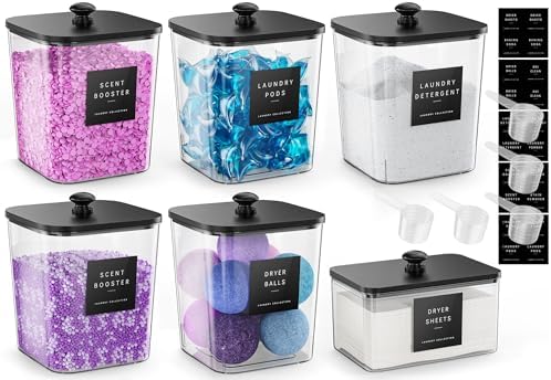 Moforoco 5+1Pack Laundry Pods Container, Clear Laundry Room Organization Containers,Large Detergent Powder Storage, Black Wooden Lids & Labels, Acrylic Pods Holder by MOFOROCO
