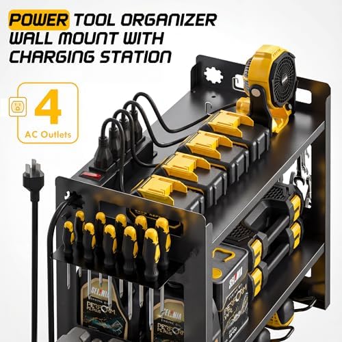 TOPRINCE Power Tool Organizer Wall Mount with Charging Station, 3-Tier Heavy Duty Metal Tool Rack with 4 Drill Holders and 6FT Power Strip, Garage Workshop Storage.Black - Image 2