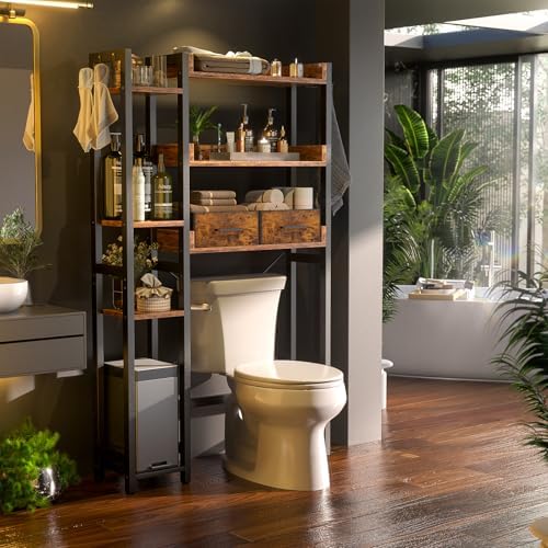 Besiost Over The Toilet Storage, 7 Tier Bathroom Organizer with Reversible Side Shelf and 2 Fabric Drawers, Adjustable Freestanding Rack Space Saver for Small Spaces, Rustic Brown - Image 2