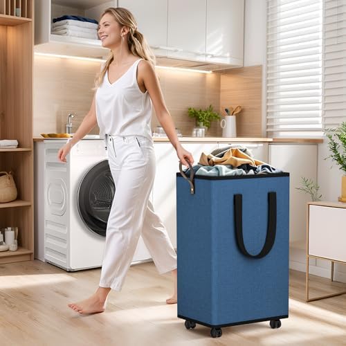 SpaceTrove Rolling Laundry Basket with Wheels, Laundry Hamper, 80L, Navy - Image 6
