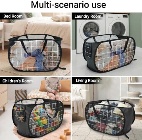 Collapsible Laundry Baskets with Side Pocket, Mesh Pop Up Clothes Hamper for Laundry, Foldable Laundry Basket Storage Hamper with Reinforced Handles for Clothes, Toys, Home, Dorm -Grid Print, Black - Image 7