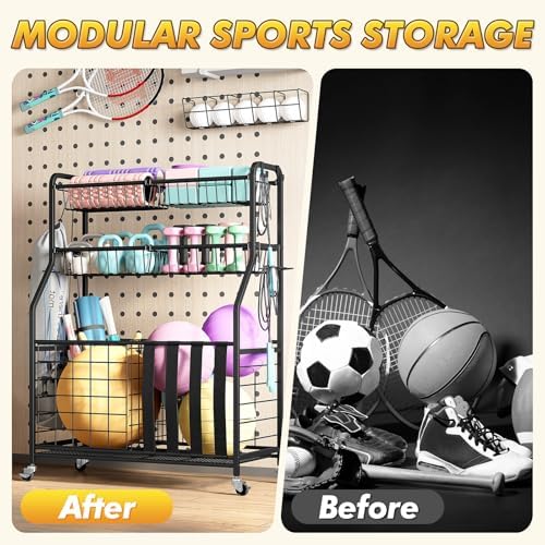 APEXCHASER Sports Equipment Organizer, Rolling Garage Ball Storage Rack - Image 4