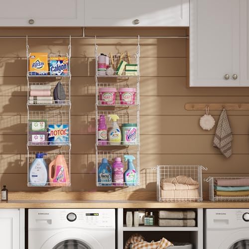 4-Tier Hanging Laundry Room Organizer: Foldable Wire Shelf Basket with 2 Large Hooks 1.65" & 360°Rotating Hooks – Space-Saving Laundry Storage Basket, for Wardrobe Closet Storage, White Patent - Image 4