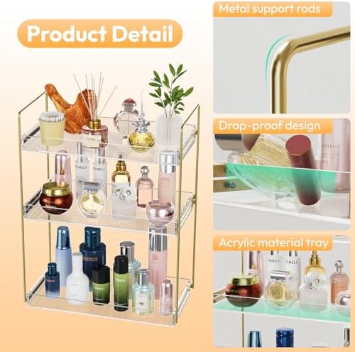 Bathroom Countertop Organizer, 3 Tier Acrylic Tray Vanity Counter Skincare Organizer Shelf, Kitchen Under Sink Standing Rack, Home Storage Holder for Lotion Makeup Cosmetics Perfume Spice, Gold - Image 3