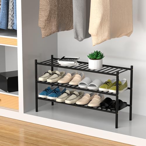 ROMGUAR CRAFT 3-Tier Bamboo Long Shoe Rack, Free Standing Wood Shoe Shelf Storage Organizer for Closet Entryway Stackable 35"x11"x20" (Black) - Image 4