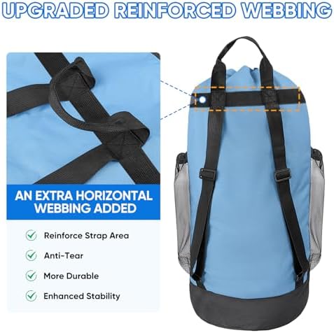 BALEINE 120L Laundry Bag Backpack, 900D Oxford Fabric Large Travel Laundry Bags with Shoulder Straps and 2 Mesh Pockets for College Dorm, Apartment, Laundromat (Blue, 120L) - Image 4