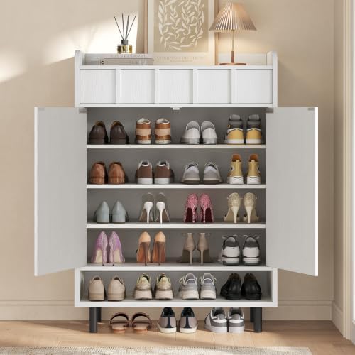 Shoe Cabinet Storage for Entryway with Doors, 6 Tier Fluted Shoe Organizer with Drawer & Adjustable Shelves, Freestanding Hidden Shoe Rack for Front Door Entrance, White - Image 3