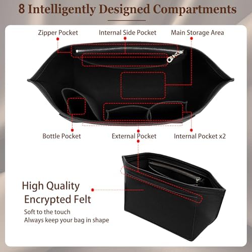 Doxo Purse Organizer Insert for Longchamp Le Pliage Tote, Large Bag Organizer with YKK Zipper Pocket & Cup Holder, Handbag Shaper for Women, Fits Original/Green/Energy L Tote, Black-WL - Image 4