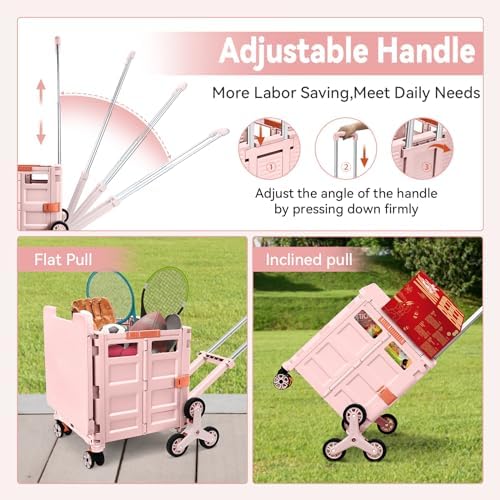 Foldable Utility Cart with Stair Climbing Wheels,Collapsible Rolling Crate with Magnetic Lid Telescopic Cover,Adjustable Telescoping Handle,360° Rotate Wheel Hand Cart for Teacher Shopping Moving - Image 2