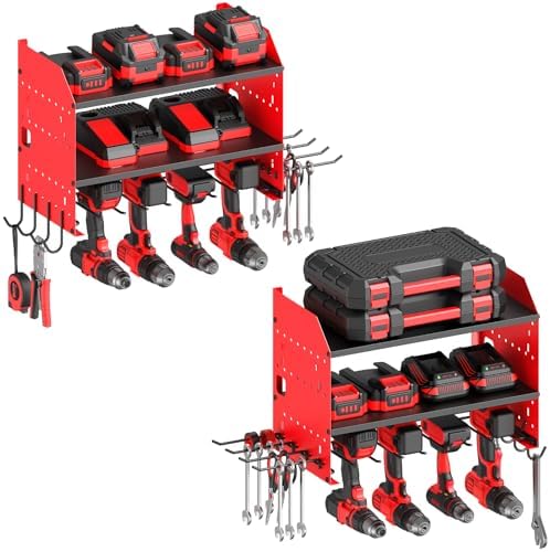 CCCEI Pack of 2 Modular Power Tools Organizer, Drills and Battery Storage Wall Mount, Garage Shop Organization, Anniversary, Birthday, Gifts for Men, Father, Red. by CCCEI