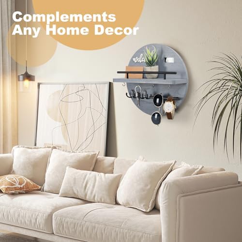 Key Holder for Wall, Key and Mail Holder Organizer with - Key Holder Wall Mount - Round Wooden Rustic Home Decor for Entryway, Mudroom, Hallway, Kitchen Office (Gray) - Image 2