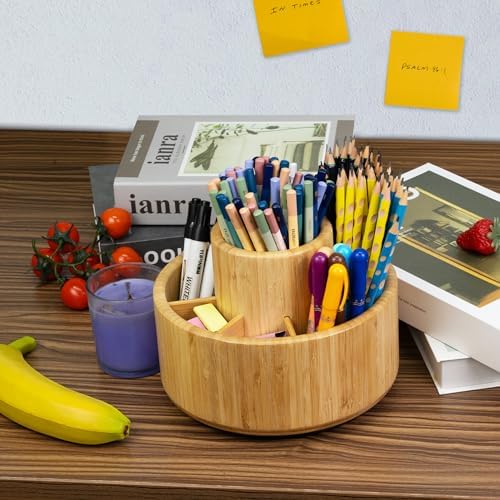Utoplike Bamboo Rotating Art Supply Desk Organizer, Pencil Holder Desktop - Image 6