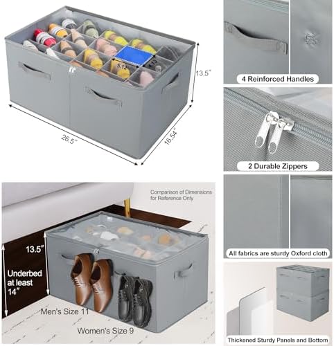 TOPIA HOME Shoe Organizer for Closet 2 Pack, Foldable Shoe Box with Adjustable Dividers and Clear Cover, Space Saving Shoe Storage Organizer Cabinet with Reinforced Handles, Fits 40 Pairs, Gray, TP11G - Image 3