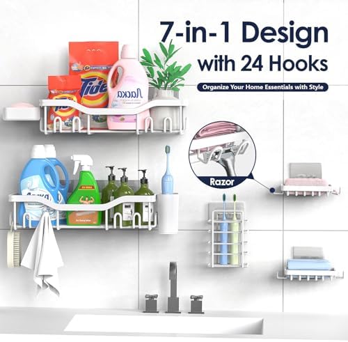 NESOMI Shower Caddy Adhesive Shower Organizer 7-Pack, Rustproof Stainless Steel Bathroom Shelves, Large Capacity No-Drill Rack Storage Accessories with Soap Dish Toothbrush Holder Hooks - Image 4