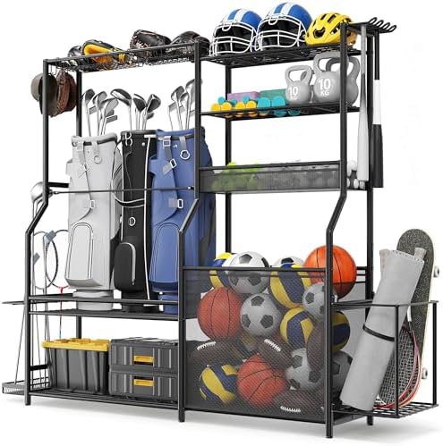 Garage Sports Equipment Organizer, 3 Golf Bag Organizer Stand Heavy-Duty Ball Storage Rack with Basket and Hooks, Ball Storage Cart for Toy Sports Gear Storage, Black by Homiesetify