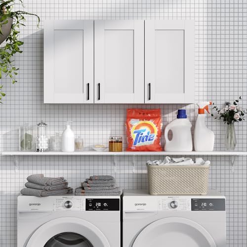 White Laundry Room Cabinets and Storage with 3 Doors and Utility Adjustable Shelf，Gabinetes Para Cocina Cupboard Kitchen Organizers and Storage Pantry Wall Mounted 12.4"D x 35.4"W x 19.7"H - Image 5