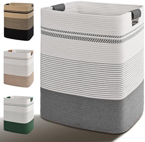 Laundry Hamper, 85L Tall Laundry Basket with Leather Handles, Rectangle Large Clothes Hamper for Organizing, Cotton Woven Laundry Baskets Storage Hampers for Bedroom, Nursery, Living Room by Degeyoyo