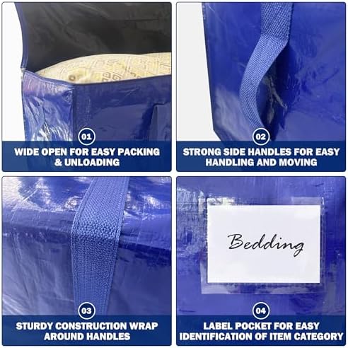 8 Pack Extra Heavy Duty Large Moving Bags with Strong Zipper & Carrying Handles, Sturdy Clothes Storage Bags Totes Bins, Packing Bag Move Boxes College Moving Supplies, Dark Blue - 24 gal - Image 7