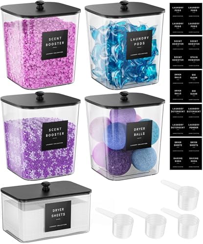 Moforoco 5 Pack Laundry Pods Container, Clear Laundry Room Organization Containers,Large Detergent Powder Storage, Black Wooden Lids & Labels, Acrylic Pods Holder by MOFOROCO