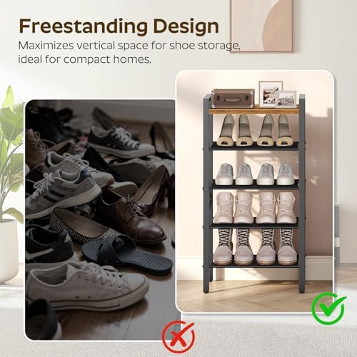 YATINEY 5-Tier Narrow Shoe Rack, Tall Shoe Rack for 5-10 Pairs, Slim Shoe Storage Organizer with Wooden Top, Space Saving, Metal Frame, for Entryway, Rustic Brown and Black SS65BR - Image 4