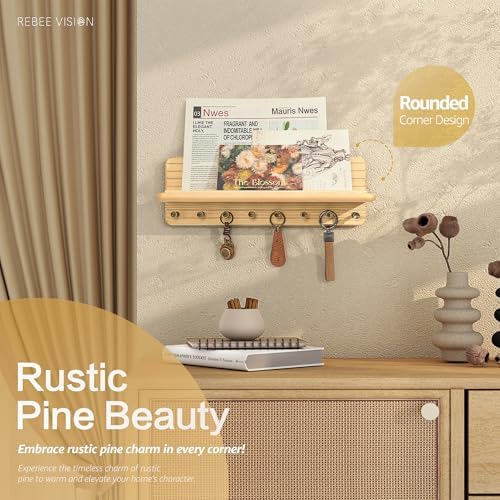Rebee Vision Key Holder Wall Mount with Shelf for Home Decor, Natural Wood - Image 3