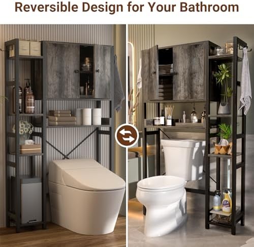 Over The Toilet Storage Cabinet with Doors - 7 Tier Bathroom Organizer with Adjustable Shelf, Freestanding Space Saver Rack Above Toilet Stand with 4 Hooks for Bathroom, Restroom, Laundry, Grey Oak - Image 5
