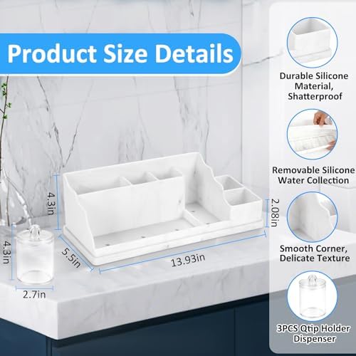 Bathroom Counter Organizer, Large White Silicone Toothbrush Holders for Bathrooms with 3PCS Qtip Holder, Bathroom Organizer Countertop Toothbrush and Toothpaste Holder for Makeup Organizer for Vanity - Image 3