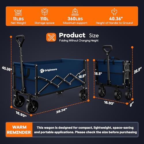 Originsure 110L Portable Collapsible Wagon Cart, 360lbs Heavy Duty, Blue - Image 3